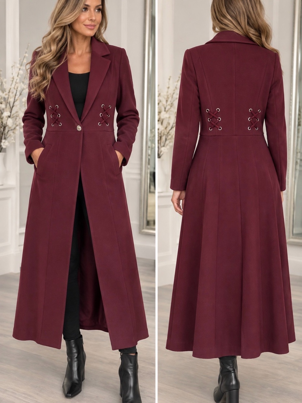 GUESS XS Burgundy Corset Lace-Up Full Length Statement Coat NWOT